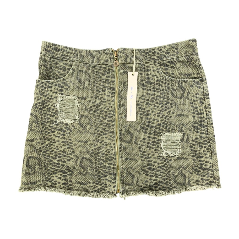 She + Sky Snake Print Mini Skirt Womens Medium Green Cotton Distressed NWT